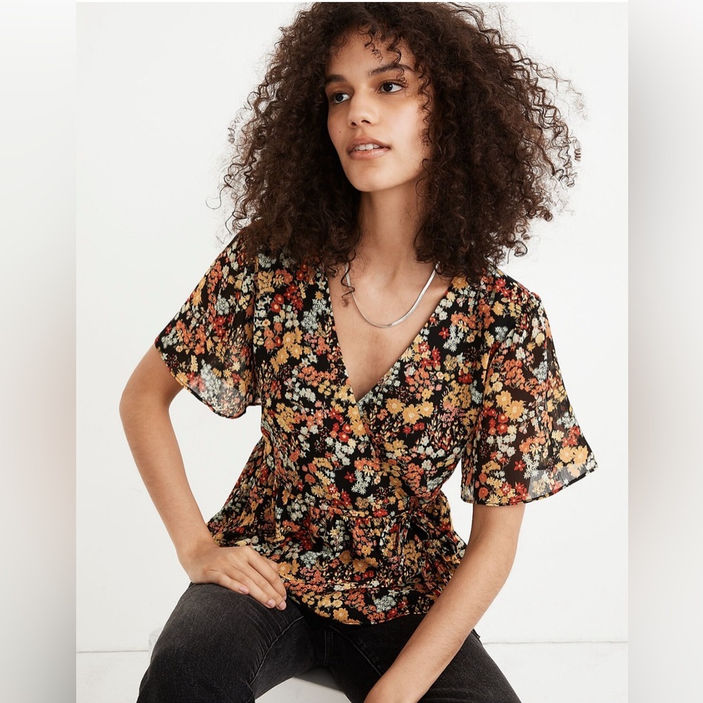 Madewell Short-Sleeve Peplum Wrap Top in Flower Garden